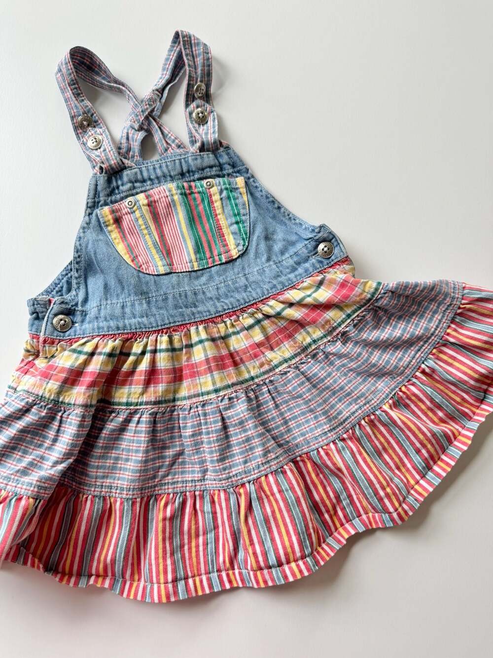 Vintage Gap Kids Denim Plaid Tiered Overall Dress
